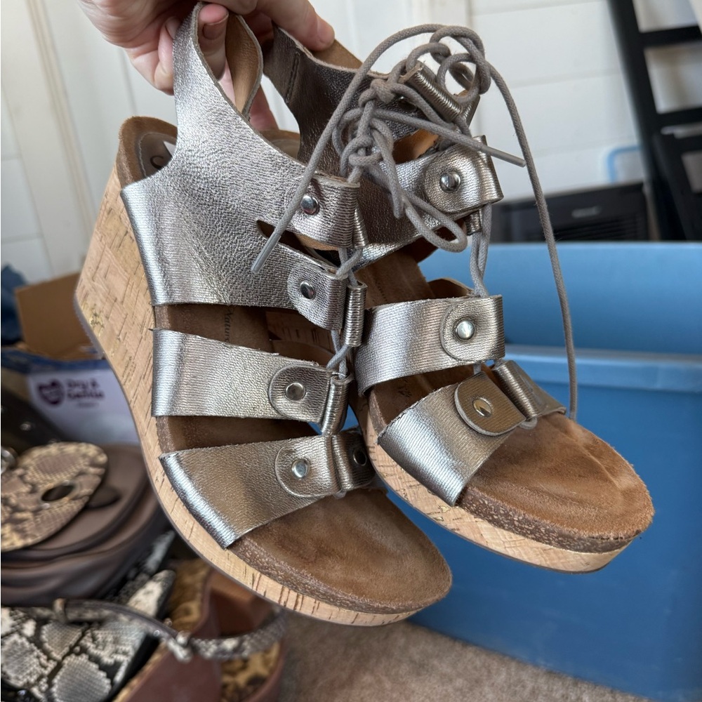 Sofft Silver Lace-Up Wedge Sandals